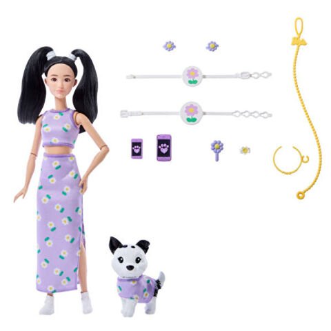Barbie Uyumlu Dostlar Siyah Saçlı Bebek ve Köpekçiği JFP39