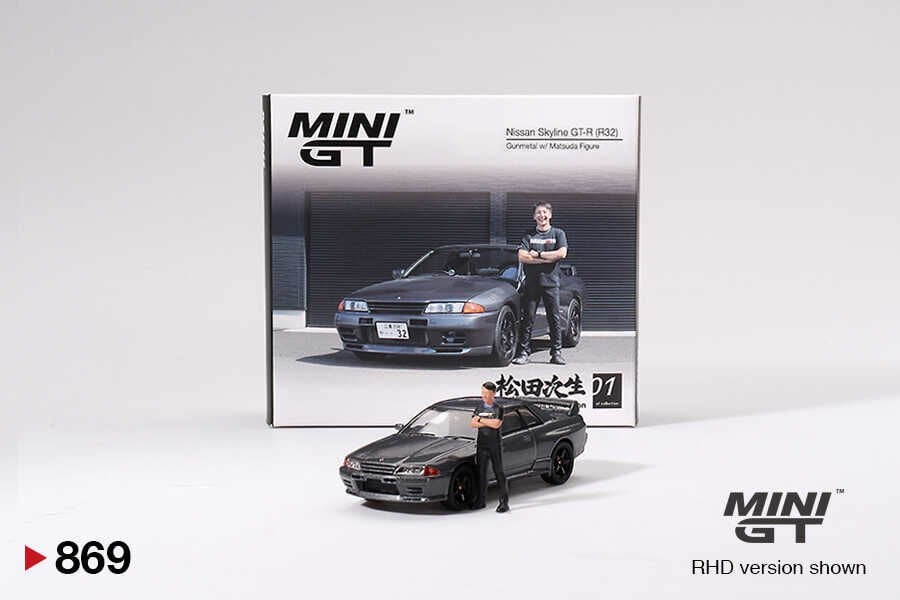 Mini GT 1/64 Nissan Skyline GT-R (R32)Gunmetal W/ Matsuda Figure Tsugio Matsuda Collection MGT00869