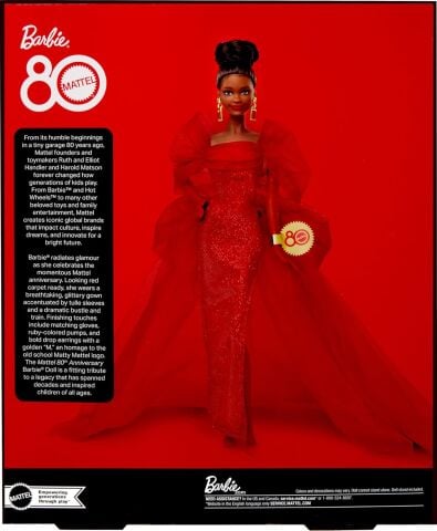 Barbie Mattel'in Özel 80. Doğum Günü Barbie Doll Simli Kırmızı Tül Elbise İkonik Koleksiyon Bebek, Kahverengi JBJ18