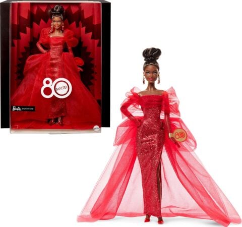 Barbie Mattel'in Özel 80. Doğum Günü Barbie Doll Simli Kırmızı Tül Elbise İkonik Koleksiyon Bebek, Kahverengi JBJ18